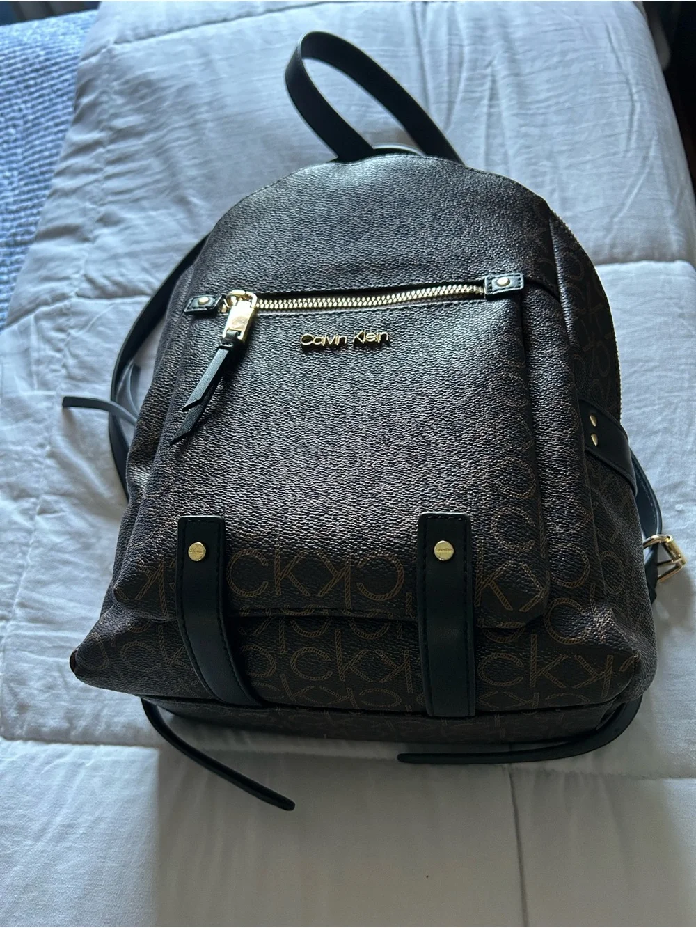 Calvin Klein Brown Monogram Logo Backpack with Gold Hardware